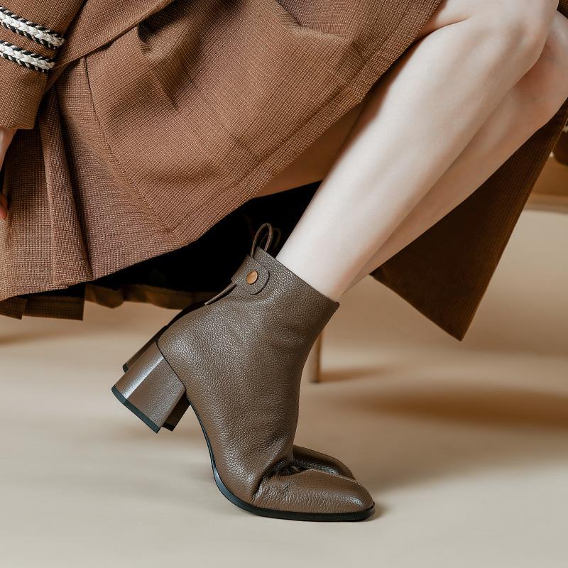 2024 New Boots Women Top Quality Genuine Leather Autumn Winter Boots Female Slip On Chelsea Boots Square High-heel Ankle Boots