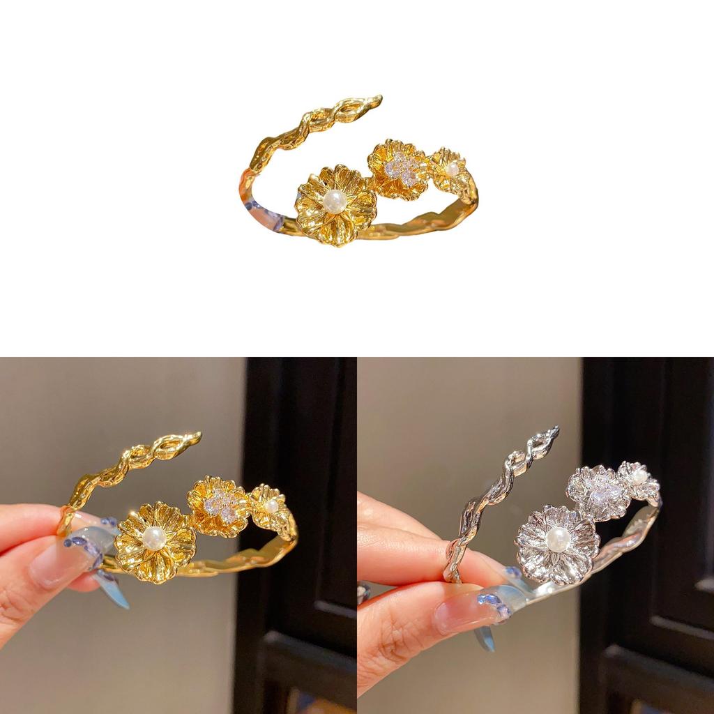 Vintage Flower Zircon Pearl Crossover Bangle With Elegant Design For Women