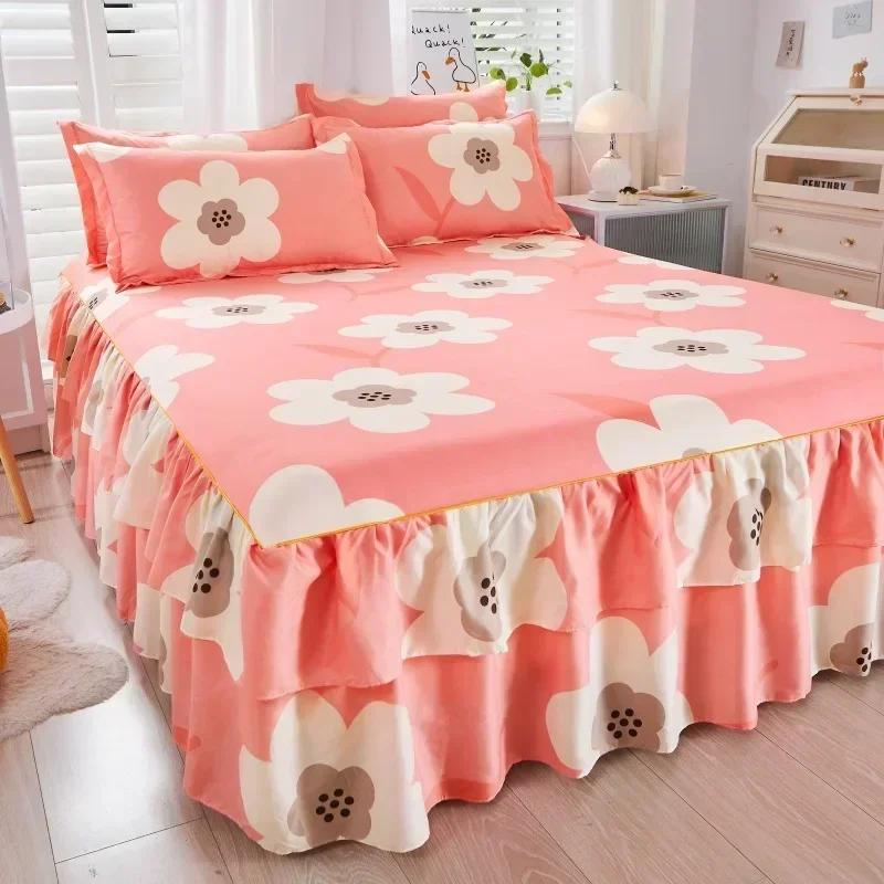 1PC Bed Skirt Cartoon Style Bed Cover Ruffled Bedsheet Falda De Cama Quilted Mattress Covers Lace Bedspread (No Pillowcase)