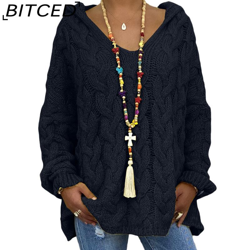 BITCED Fall/Winter Solid Color Cable-Knit Hoodie Sweatshirt for Women