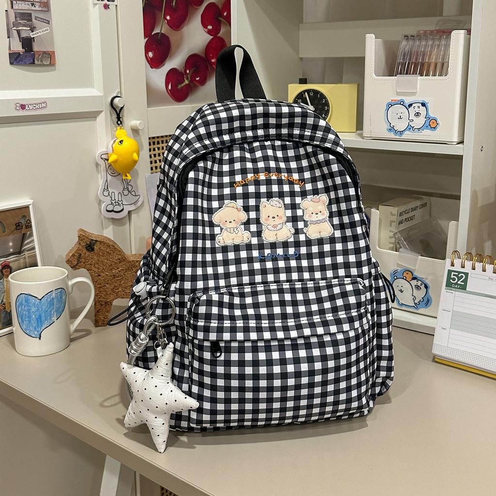 Schoolbag fog gray milk grid star embroidery backpack Japanese soft sister large capacity backpack junior high school girls fresh schoolbag
