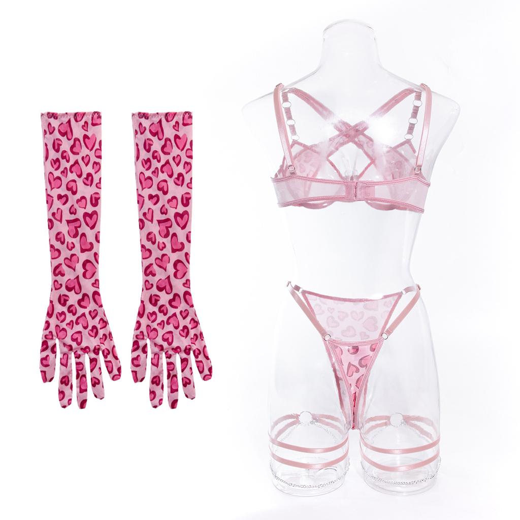 Rosa Leopard Metallkette Dessous Set Damen Französische Ästhetik Y2k Sets mit Handschuhen Beinschmuck Valentinstagsgeschenk Mode Dessous Anzug Neu