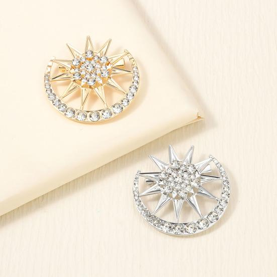 Zinc Alloy Brooch Pin, Moon Star Shape Lapel Badge with Rhinestones Inlaid, Decorative Collar Pin for Sweaters Collars Hats Bags Coats Scarves