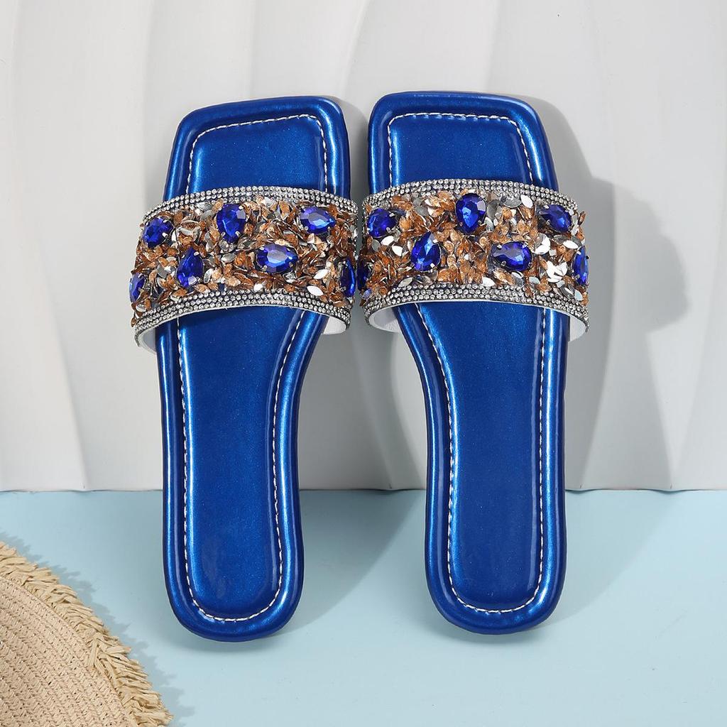 Fashion Summer Rhinestone Slippers Street Blue Leather Square Toe Flat Sandals Luxury Waterproof Outdoor Slippers Women Slippers Sandals