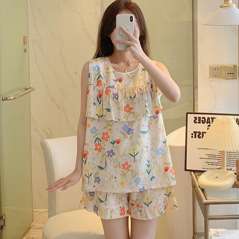 Anti-bumping Pajamas Women's Summer Ultra-thin Cotton and Silk Summer Vest Shorts Sleeveless Set Cool Cotton Silk Loungewear
