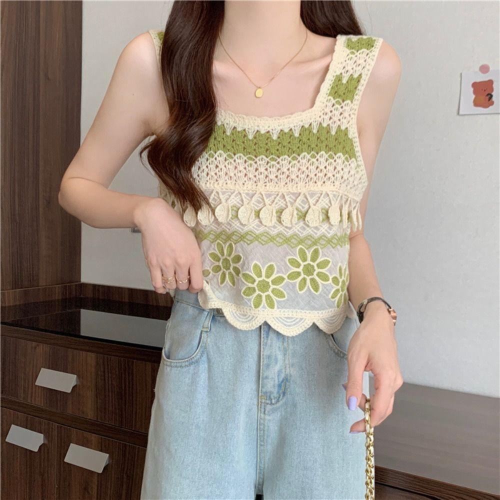 Knitted Crop Top Retro Short Top New Sleeveless Vest  Bohemia