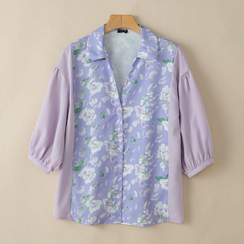 

VONDA Летняя женская блузка с лацканами, цветочным принтом, пэчворком, на пуговицах, в стиле кэжуал 5XL фиолетовый