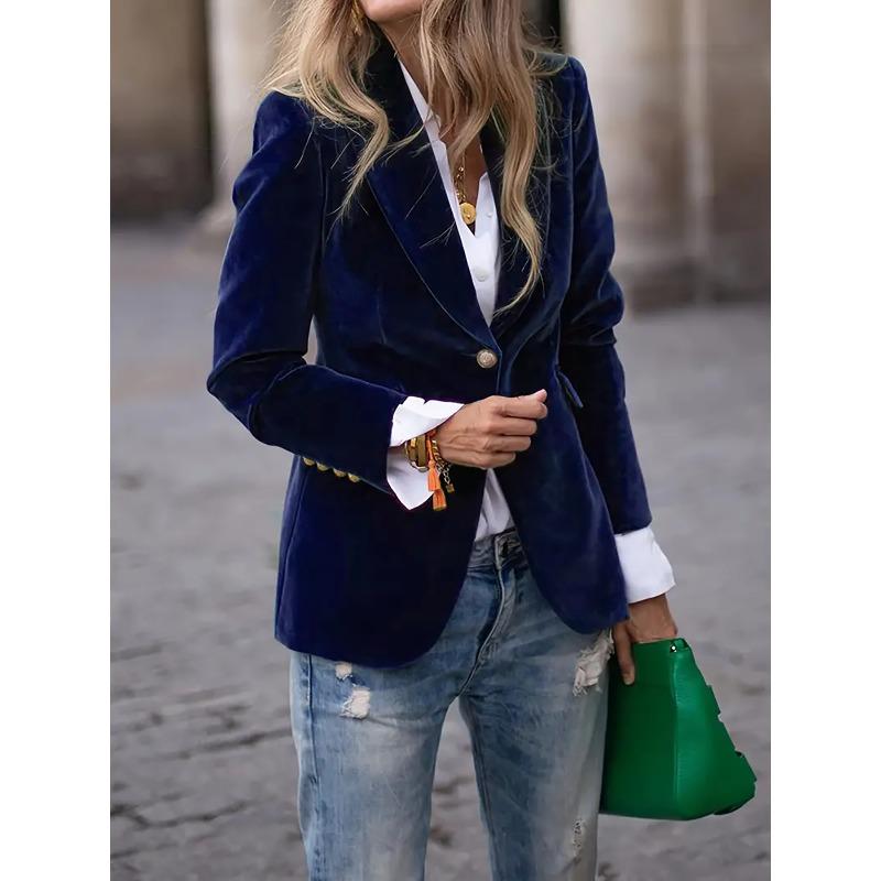Women's Solid Color Velvet Notched Lapel Single‑Button Long Sleeve Slim Fit Blazer Jacket