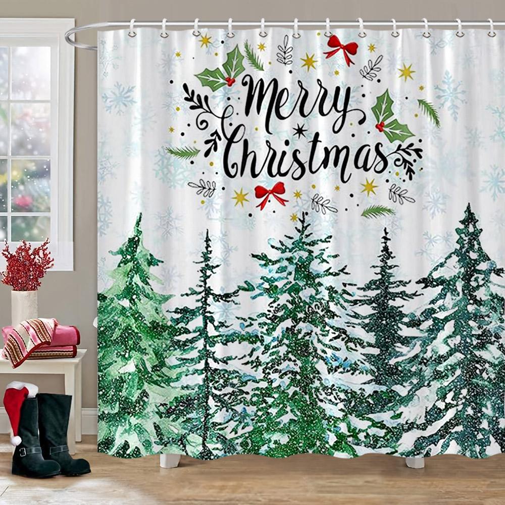 Winter Christmas Shower Curtain Red Truck Snowman Reindeer Snowy Farmhouse Bath Curtain Washable Polyester Fabric Bathroom Decor