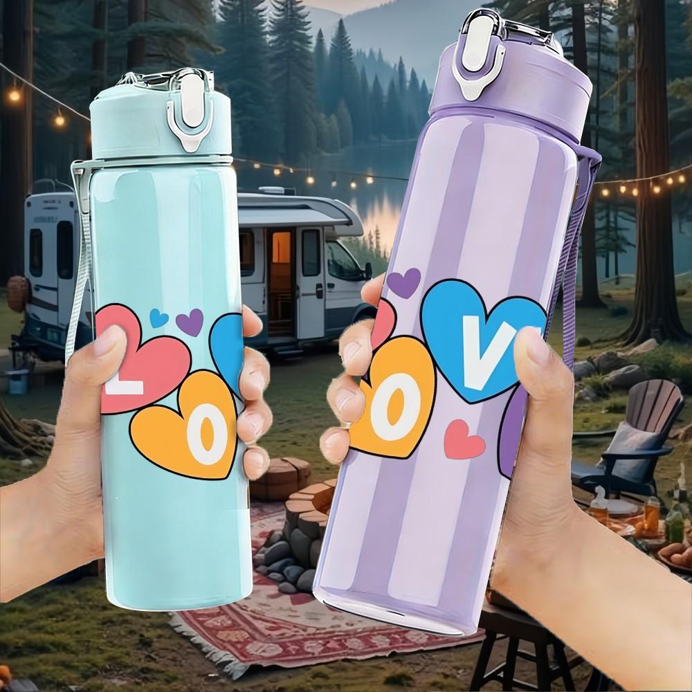 1PC Love Word Multicolor Heart Doodle Design 750ml Color Plastic Sports Water Bottle Leakproof Flip Straw Lid Suitable for Sports Office Home Use