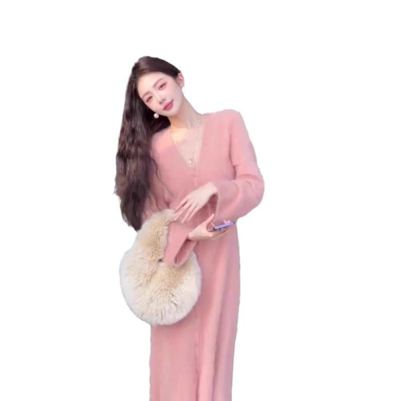 Womens Pink Knit Sweater Dress V-Neck Long Sleeve A-Line Midi Soft Rayon Blend Casual Elegant Outfit