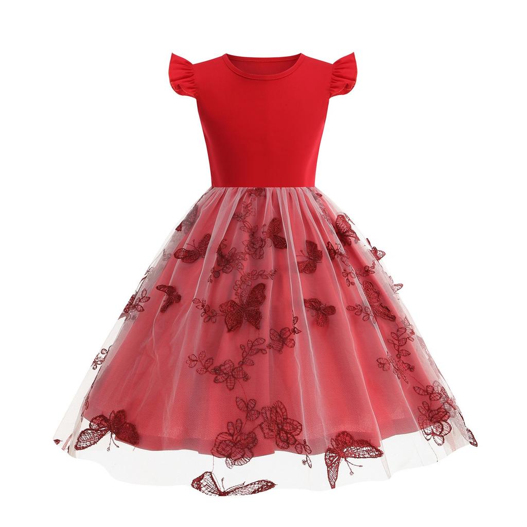 Sommer Kinder Taille Spleißen Mesh Kurzarm Rundhals Vintage Mädchen Langen Rock Swing Kleid