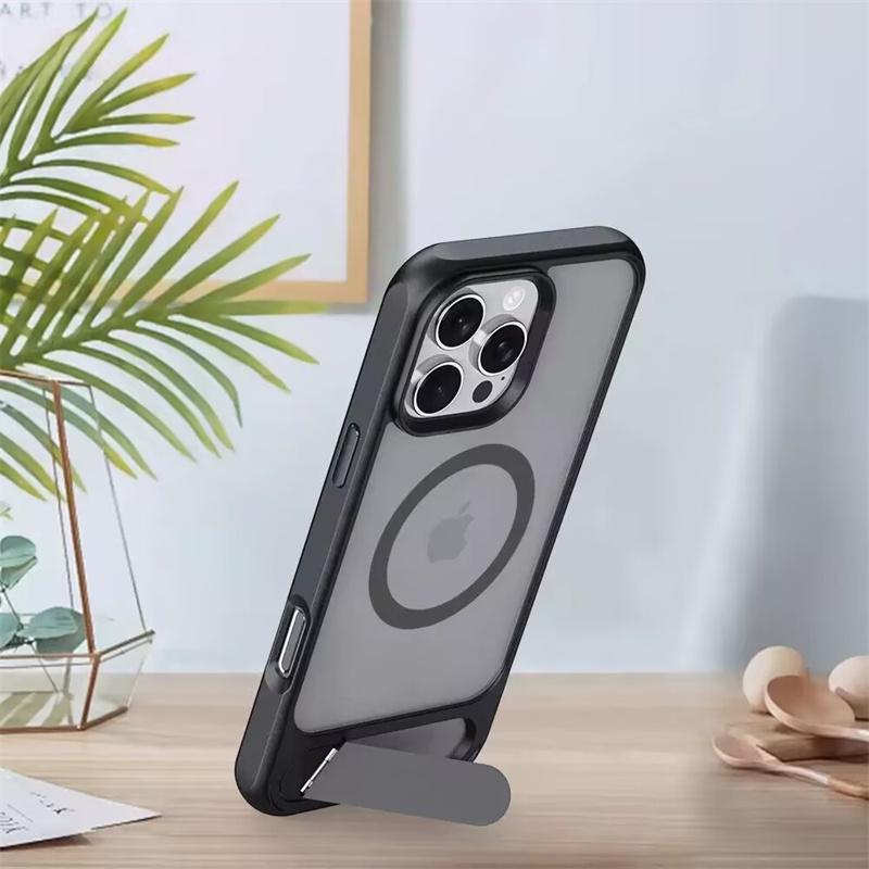 Luxury Metal Stand Clear Magnetic Phone Case For iPhone 16E 11 12 13 14 15 16 Pro Max Plus Bracket Shockproof Protector Cover