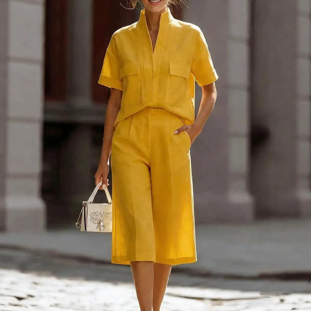 Women's Loose Fit Two-piece Outfit Set Short Sleeve Stand Collar Shirt High Waist Culotte Coordinates