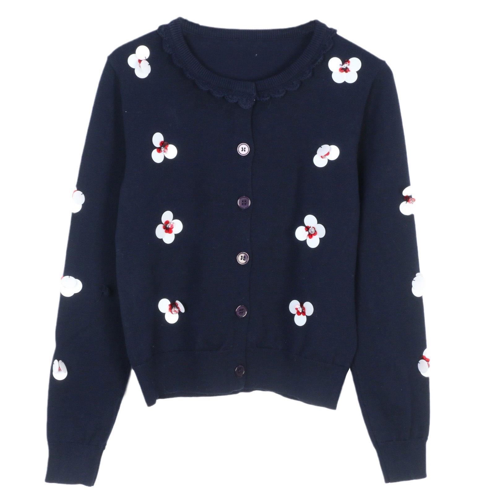 

Весна 2025 Женский вязаный кардиган с длинным рукавом, с цветочным пайеточным пэчворком, приталенный Small