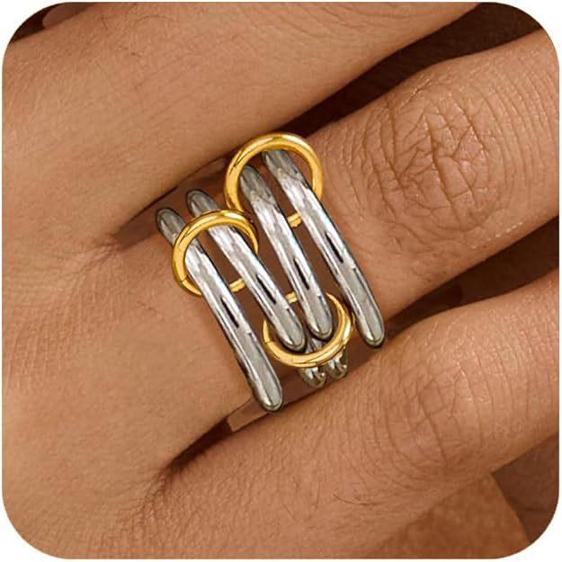 Two-Tone Stainless Steel Zircon Diamond Interlocking Ring
