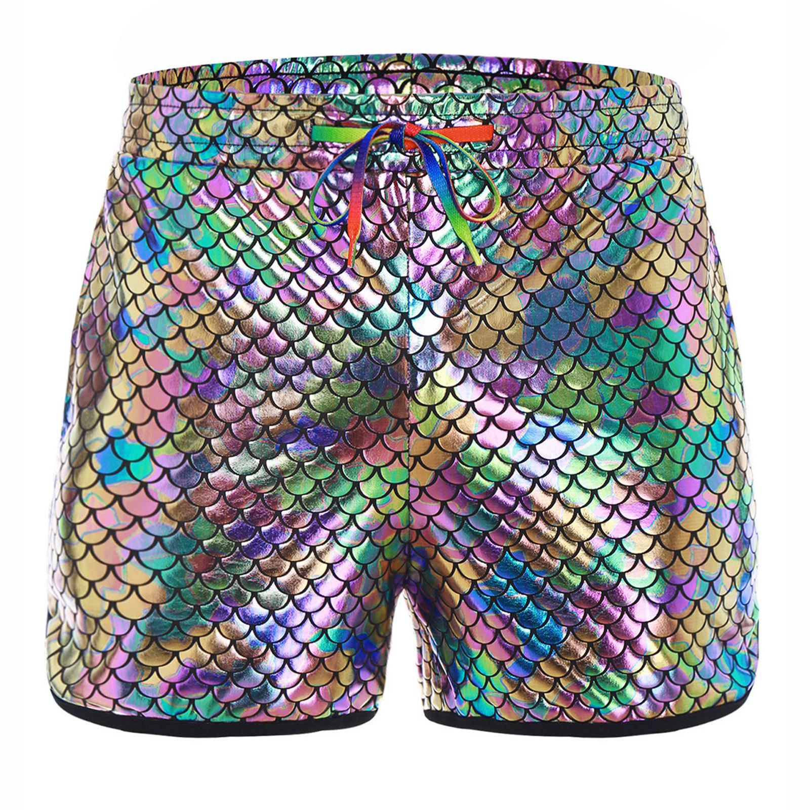 

Мужские переливающиеся шорты с чешуей, эластичный пояс, завязка, металлические блестящие, косые карманы, плавки XS