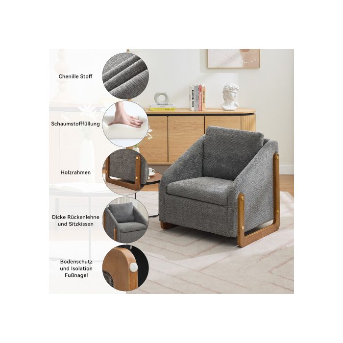 Fauteuil, Fauteuil D'appoint Pour Salon, Fauteuil Contemporain En Bois Avec Coussin De Dossier, Revêtement En Velours Gris