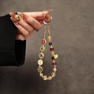 Chinese Style Yuanbao Five Directions God of Wealth Phone Chain Beaded Crystal Phone Strap Short Handheld Chain Pendant Phone Lanyard