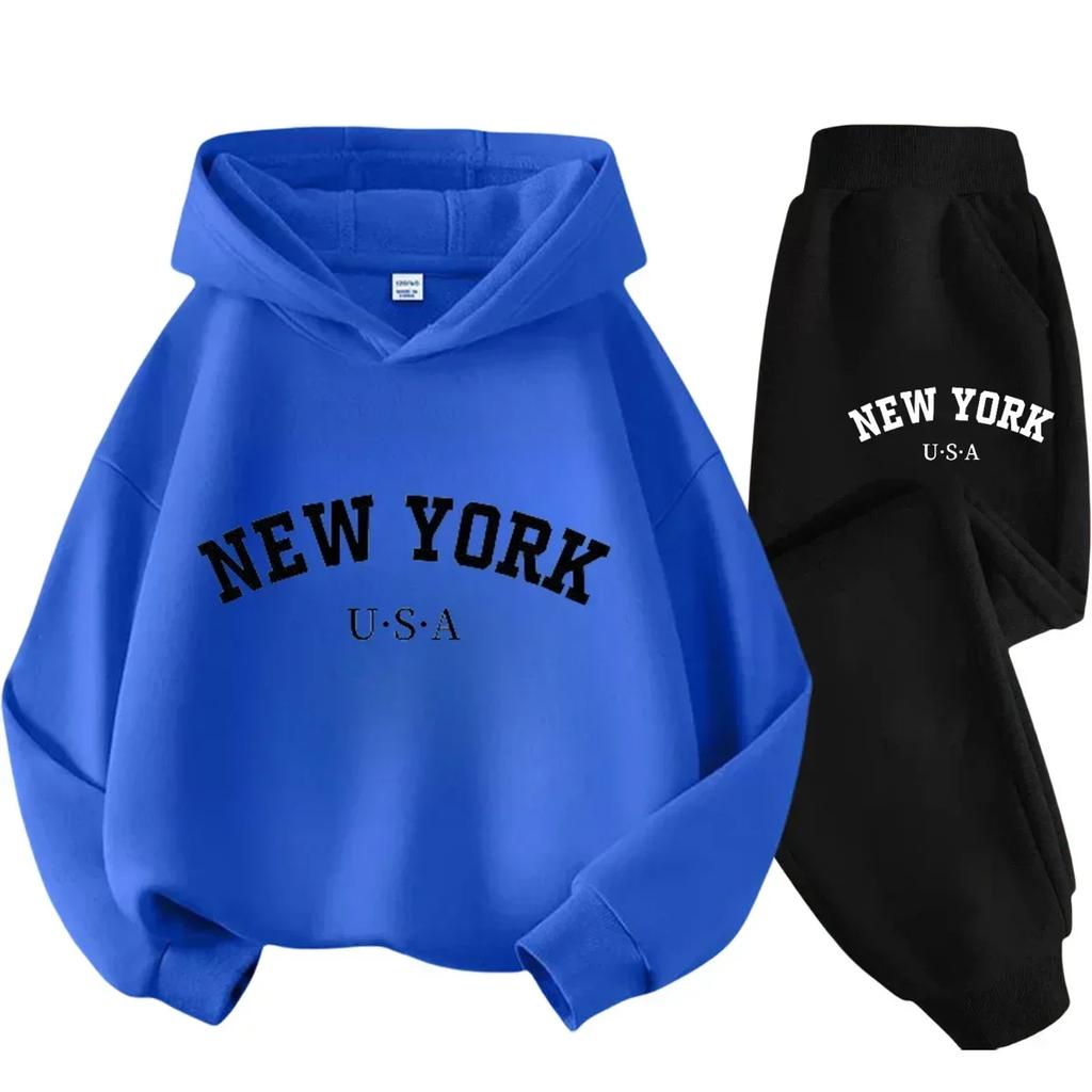 New York American Letter Print Children Hooded Sweatshirt Pants Two-piece Set Boy Girl Autumn Winter Daily Loose Warm