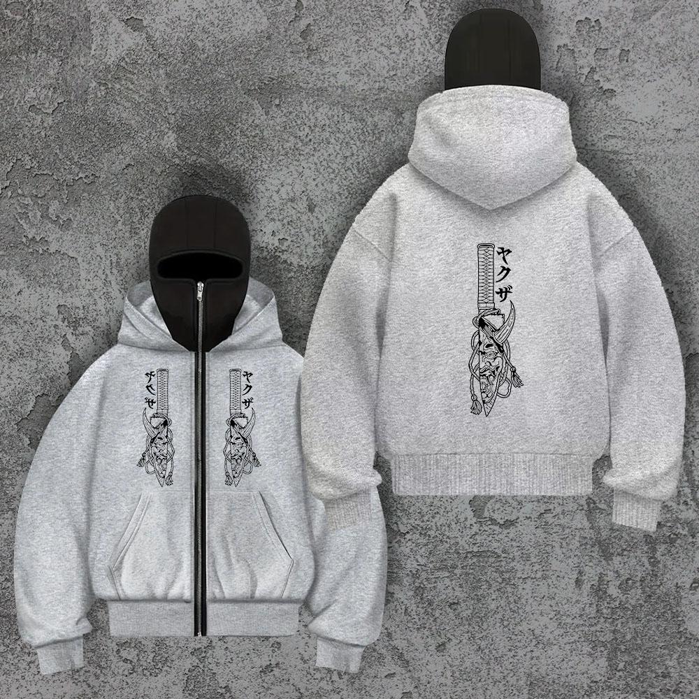 Trendy Zipper Hoodie Sword Men's Y2K Masked Hoodie Sweatshirt Sports Hoodie Spring and Autumn Plush