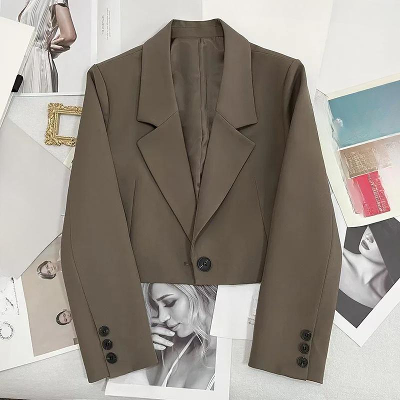 Korejské oříznuté blejzry Dámské Jednobarevné Jednoduché Svrchní oblečení S jedním knoflíkem Dospívající Univerzální bunda Kancelářský oblek s dlouhým rukávem