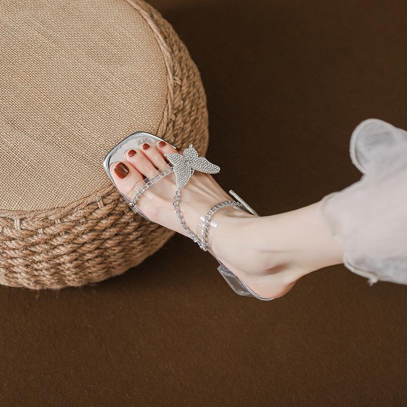 Square Head Thick Heel Butterfly Rhinestone, Sandals Worn with Skirt, Children's Summer 2025 New High-end Sense