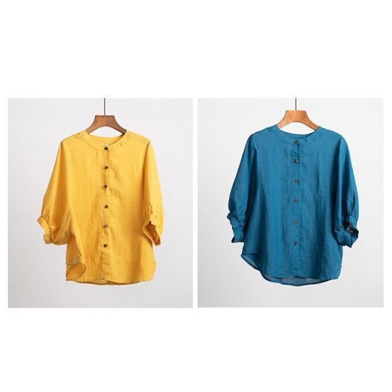 Summer Cotton Shirt Women's Lantern Sleeve Retro Blouse Large Size Loose Mid-sleeved Shirt Women