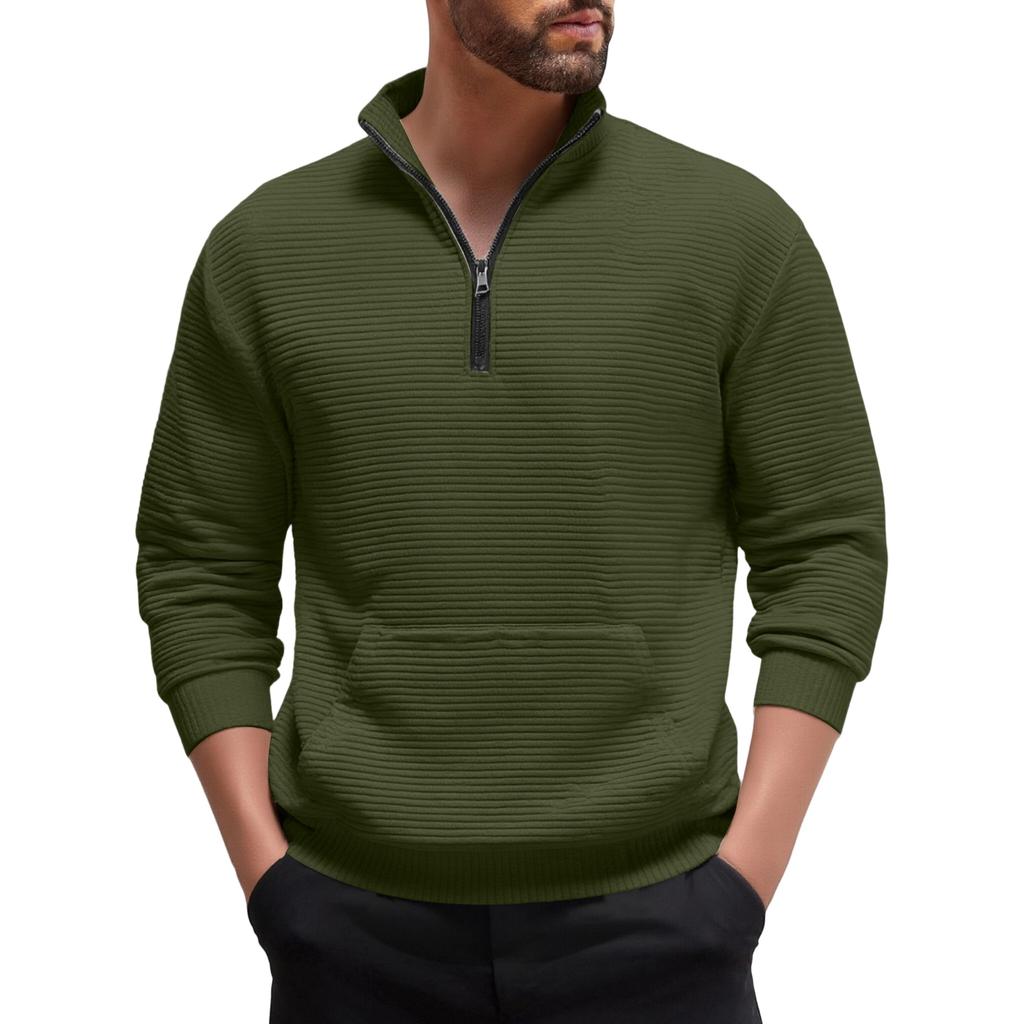 Men's Casual Sports Long-sleeved Thickened Sweatshirt, Men's Stand-up Collar Semi-zipper Striped Texture Top
