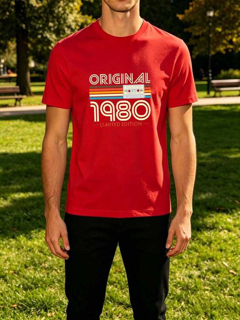 Unisexs Tee Original 1980 Limited Retro Cassette Stripes Print Cotton Short Sleeve Male Casual Streetwear Outdoor Daily Basic Top