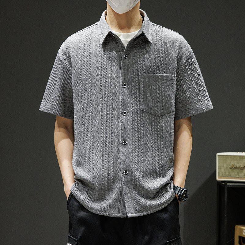 

Men s Trendy Summer Short Sleeve Jacquard Lapel Cardigan T-shirt 2XL сірий колір