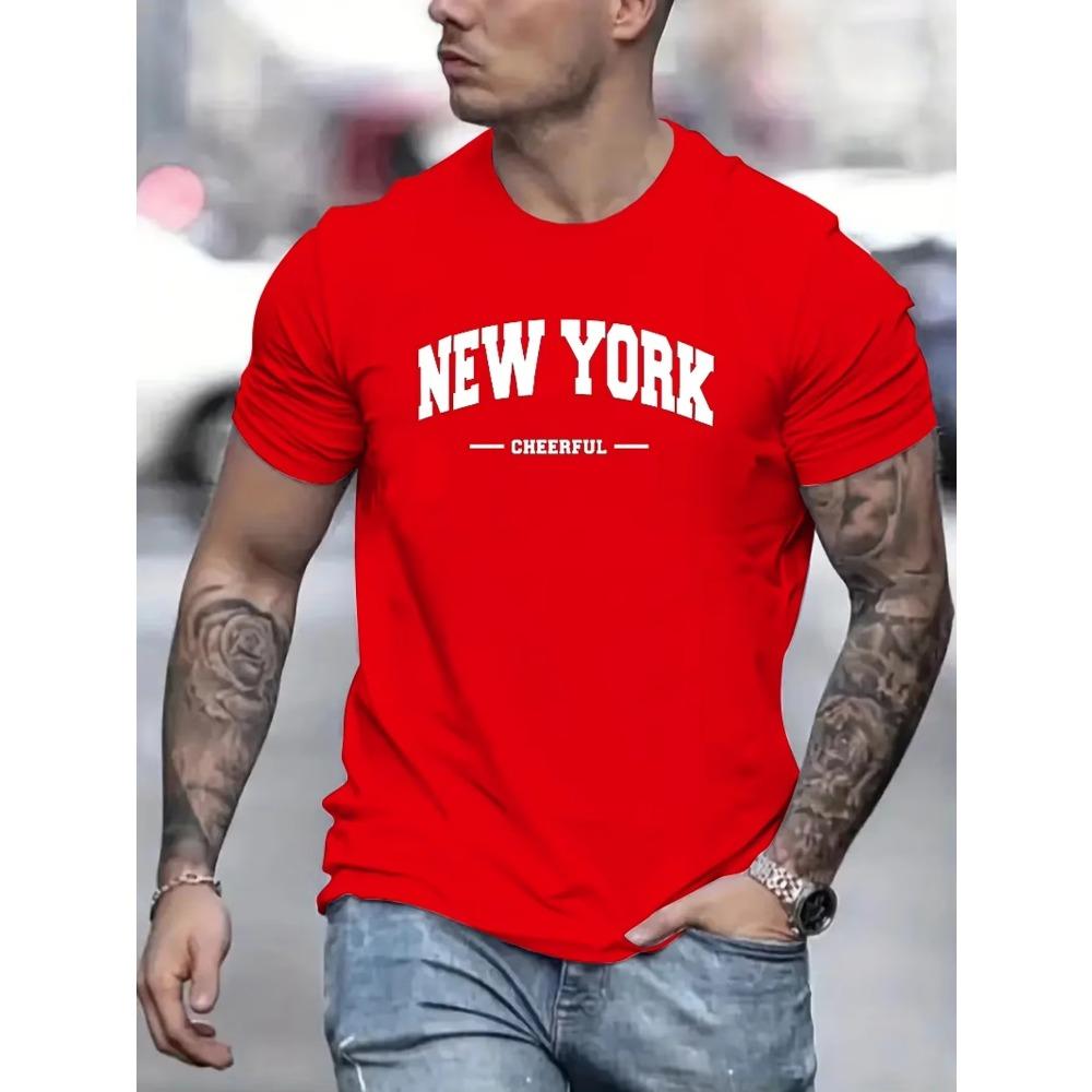 Men's 100% pure cotton summer loose fit oversized New York Cheerful print casual slim fit round neck short sleeved T-shirt top