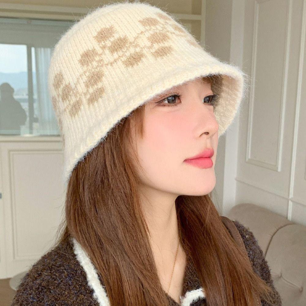 Ethnic Style Floral Knitted Bucket Hat Sweet Warm Fisherman Hat Autumn and Winter