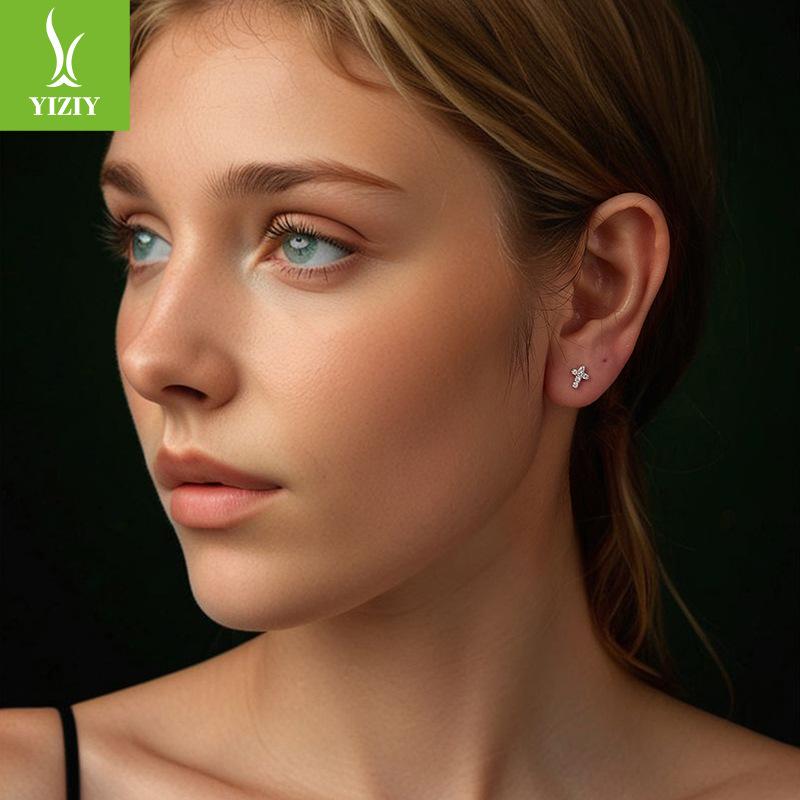 Cross Diamond Moissanite Stud Earrings Women'S Cross-Border Trend 925 Sterling Silver Shine Stud Earrings