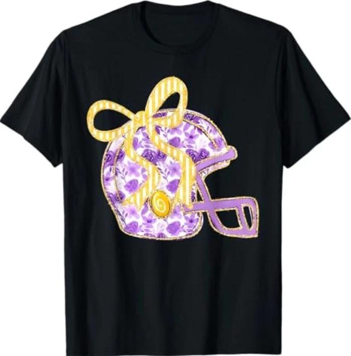 Purple Gold Bow Football Helmet Game Day Touchdown Season T-Shirt L