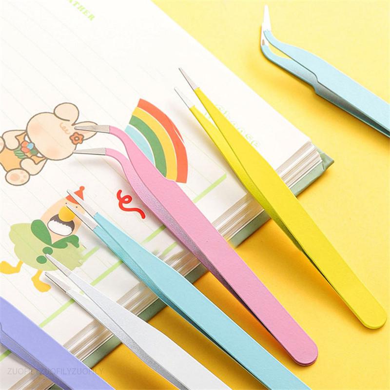 Stainless Steel Colorful Straight Curved Tweezers Pink Blue Purple DIY 1.0mm Eyelash Tweezers Nail Art Rhinestones Picking Tool