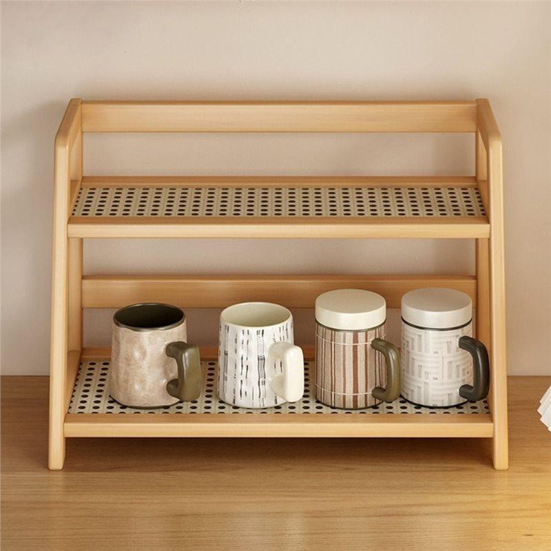 Desktop Rattan Wooden Storage Shelf For Kitchen Organizer Display Rack Spice Rack For Countertop Makeup Organizer