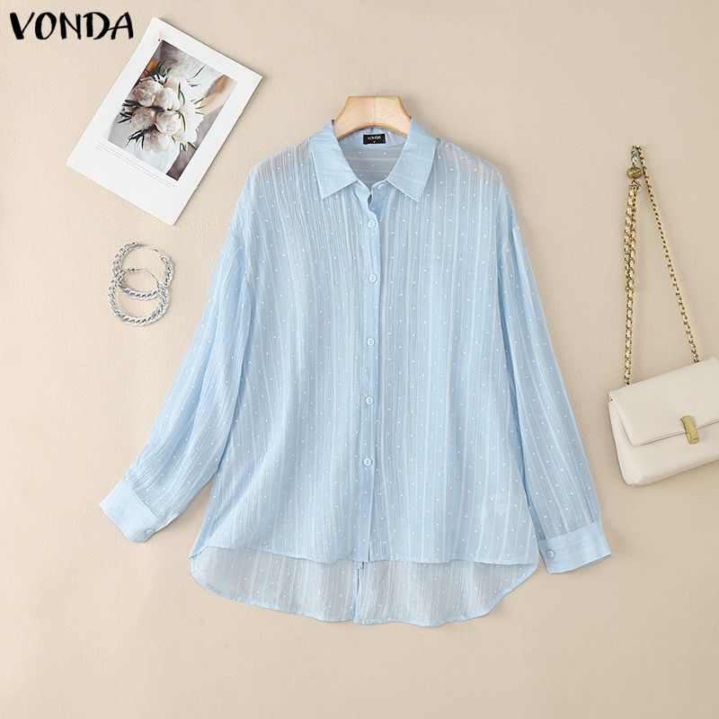 VONDA Women Casual Loose Lapel Neck Long Sleeve Polka Dots Semi-Sheer Blouse Shirts
