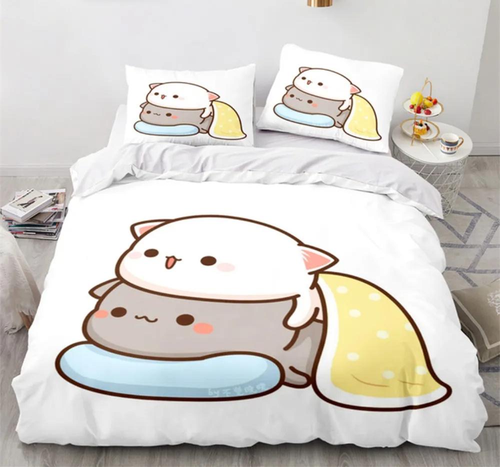 Peach Cat Bedding Quilt Cover Set 3Pcs Bedding Set Goma Cute Cats Duvet Cover Infantil Bedclothes Single Double Queen King Size