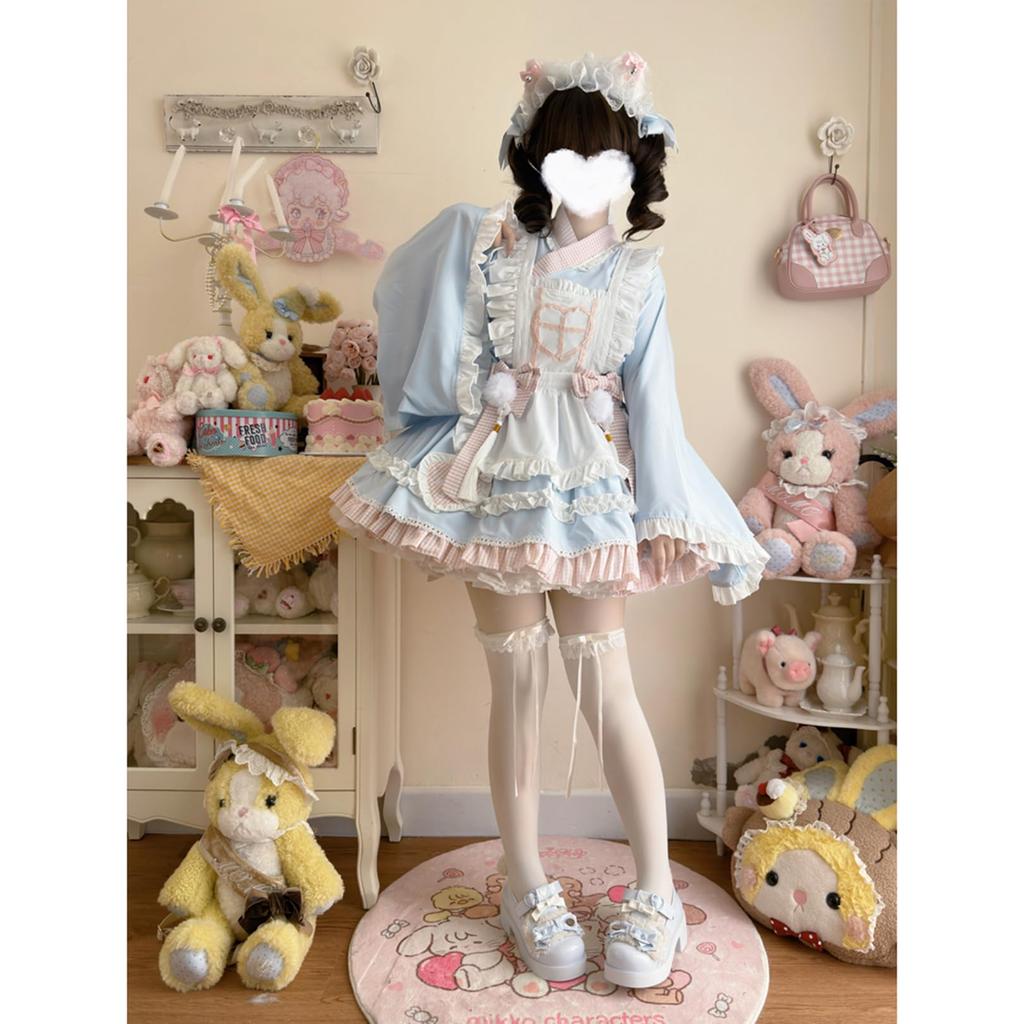 Toku and Yu Lolita Maid Japanese Kimono with Ribbon and Tassel Cute Checked Long Mori Girl Perfect for Tea School and Costumes Size Dress, Style,