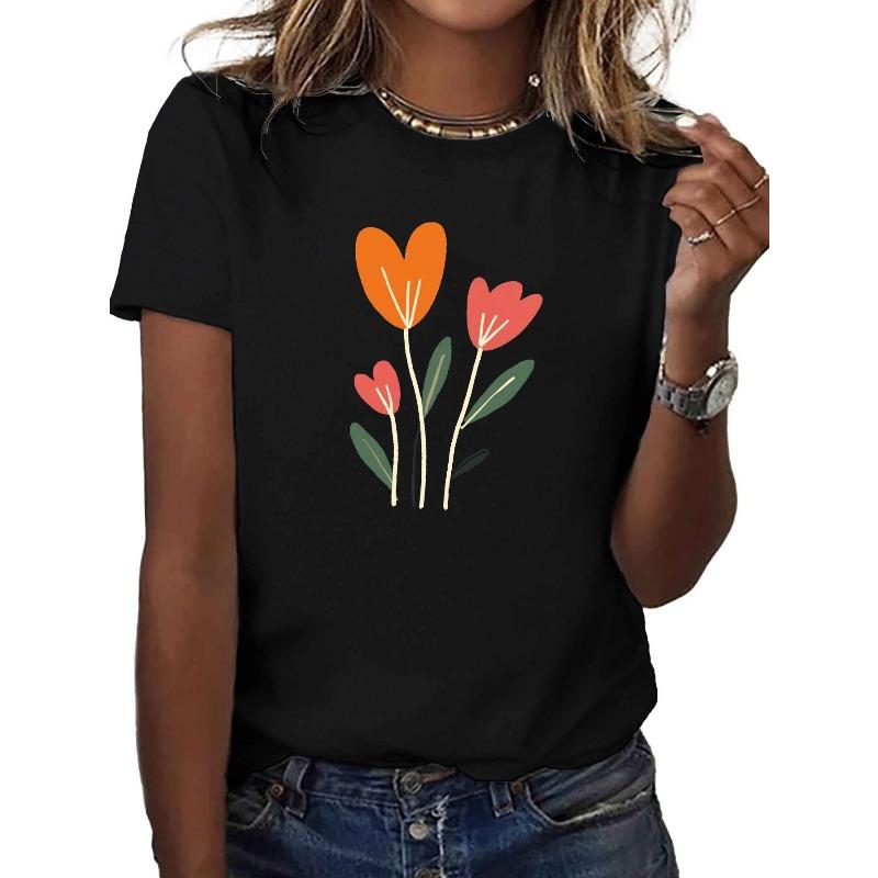 

Teediy Women S Retro Abstract Floral Print T-Shirt - Vibrant Orange & Pink Flower Design on, Soft Comfort Fit Short Sleeve Round Neck Casual Top S чёрный