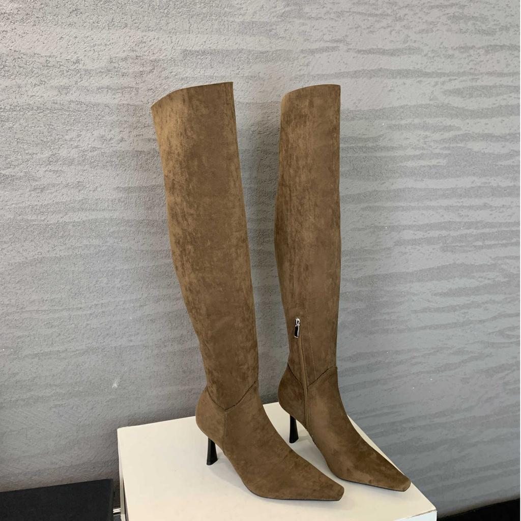 2025 autumn and winter new over-the-knee boots for women wear large tube circumference suede pointed heel high heel pleated piled boots