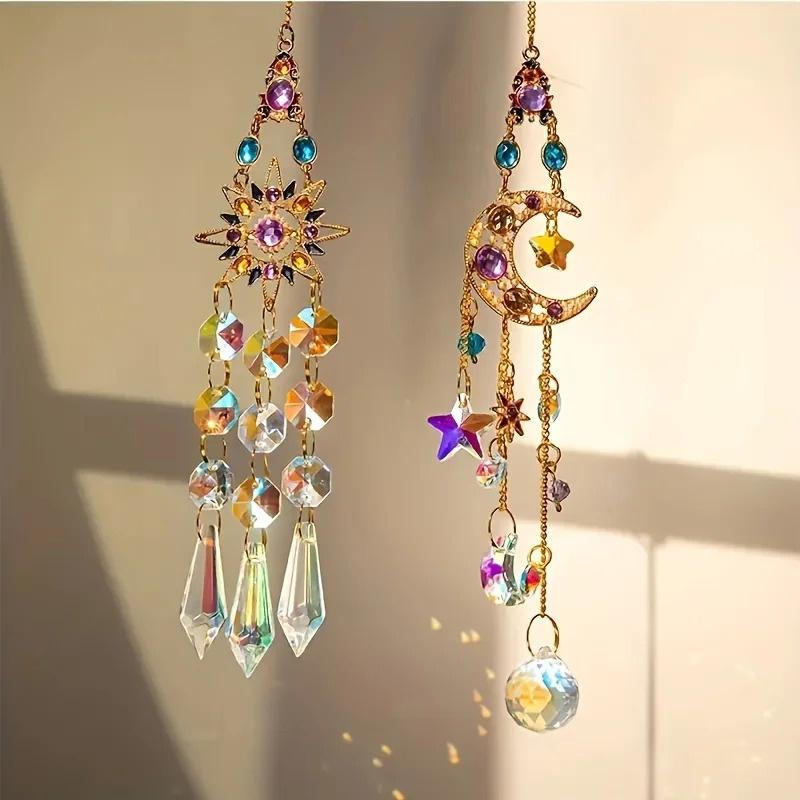 Bohemian Sun Moon Star Crystal Suncatcher Hanging Ornament Rainbow Prism Pendant for Window Home Decor