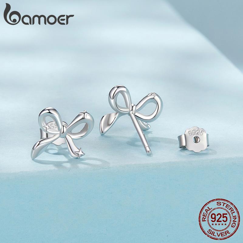 BAMOER 925 Sterling Silver Rosett Örhängen Dam Födelsedagssmycken Enkla Rosett Öronspännen Studentflicka Partygåva
