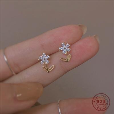925 Sterling Silver Korean Simple Crystal Flower Plating 14k Gold Stud Earrings Women Fashion Classic Wedding Gift Jewelry