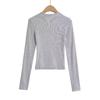 Trendy Women's Ribbed Long Sleeve Round Neck T-shirt - Slim Fit Autumn/Winter Base Layer in Solid Color.