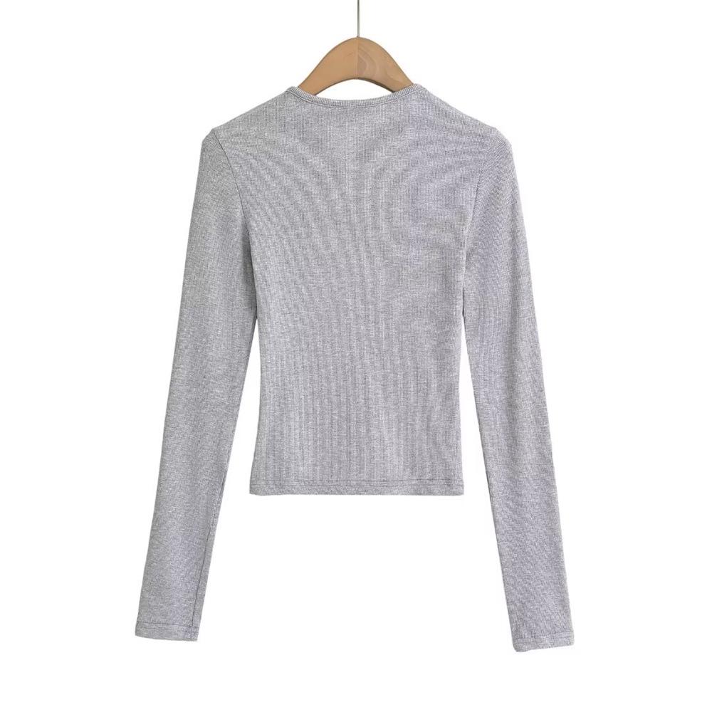 Trendy Women's Ribbed Long Sleeve Round Neck T-shirt - Slim Fit Autumn/Winter Base Layer in Solid Color.