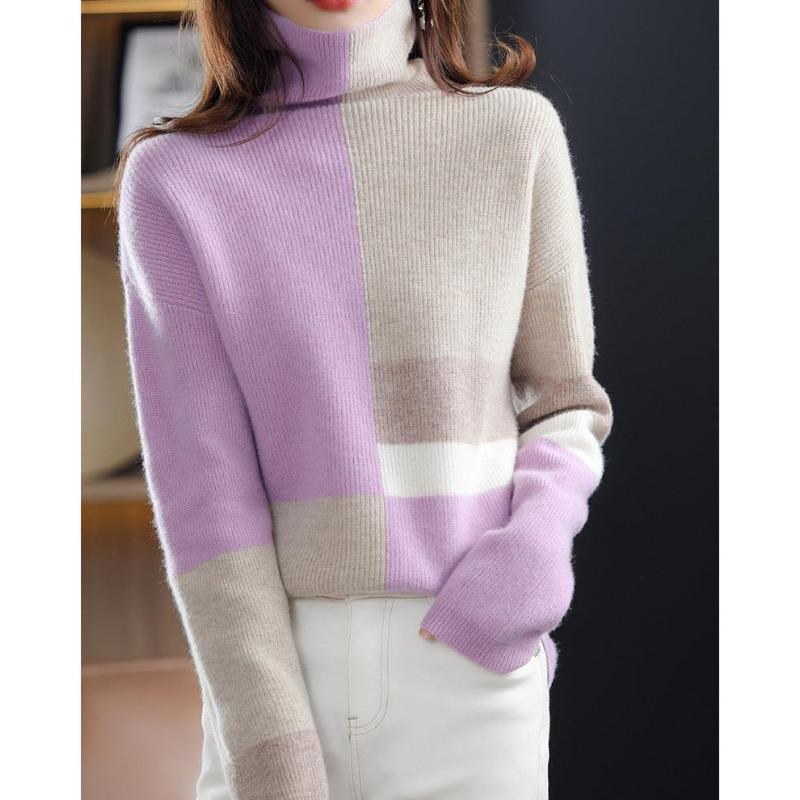 High-necked contrasting pullover sweater with new autumn and winter temperament commuting soft waxy bottoming knitted sweater for women