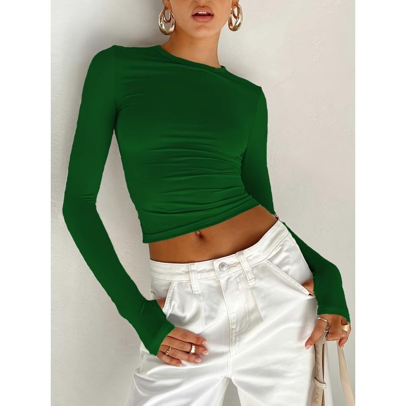 Womens Slim Fit Solid Color Crew Neck Long Sleeve T-Shirt Casual Streetwear Top