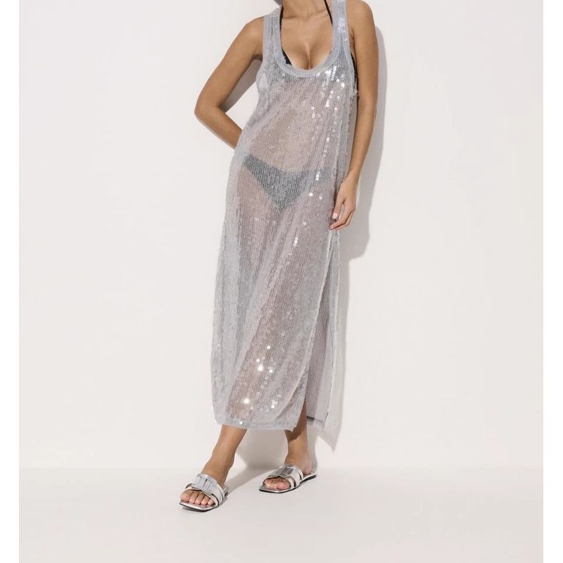 

Foreign Trade Order French style Fashion Sexy Gyaru Cool Girl Sleeveless Vest See-through Sequins Fish Scales All-Match Pure Desire Dress Grey L/XL